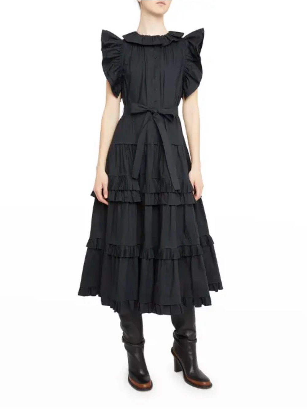 NWOT Ulla Johnson Elsie Dress Black Tiered Ruffle Cotton Poplin Midi Dress 6 - Picture 3 of 10